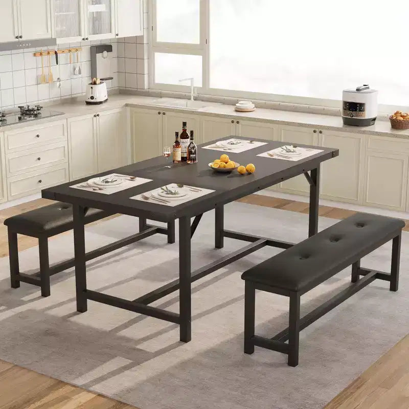Tavolo da Pranzo Allungabile da 120-160 cm per 4-6 Persone, Tavolo Industriale in Legno con 2 Panche, Salvaspazio