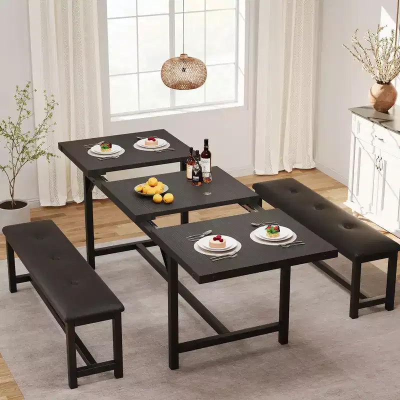 Tavolo da Pranzo Allungabile da 120-160 cm per 4-6 Persone, Tavolo Industriale in Legno con 2 Panche, Salvaspazio