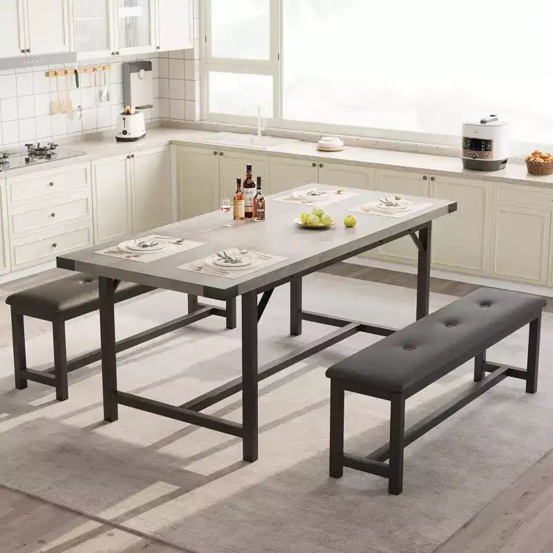 Tavolo da Pranzo Allungabile da 120-160 cm per 4-6 Persone, Tavolo Industriale in Legno con 2 Panche, Salvaspazio