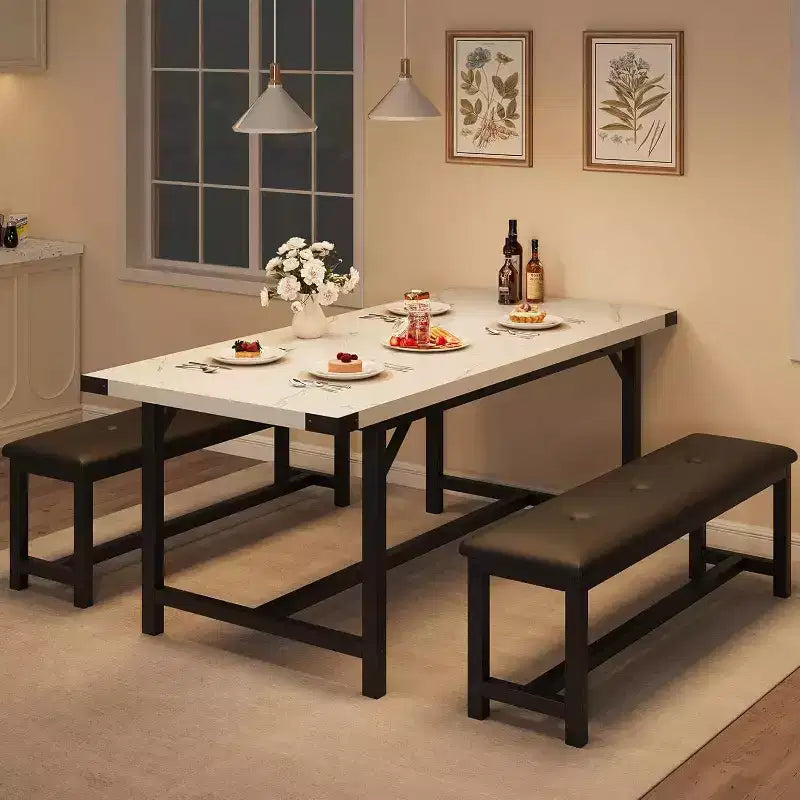 Tavolo da Pranzo Allungabile da 120-160 cm per 4-6 Persone, Tavolo Industriale in Legno con 2 Panche, Salvaspazio