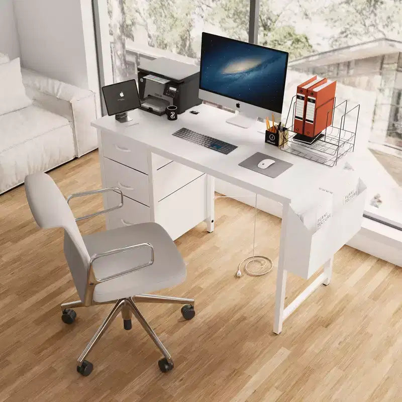 Moderna scrivania per computer da casa con cassetti e mensole, scrivania per studenti e ragazzi con borsa laterale per studio, ufficio, studio