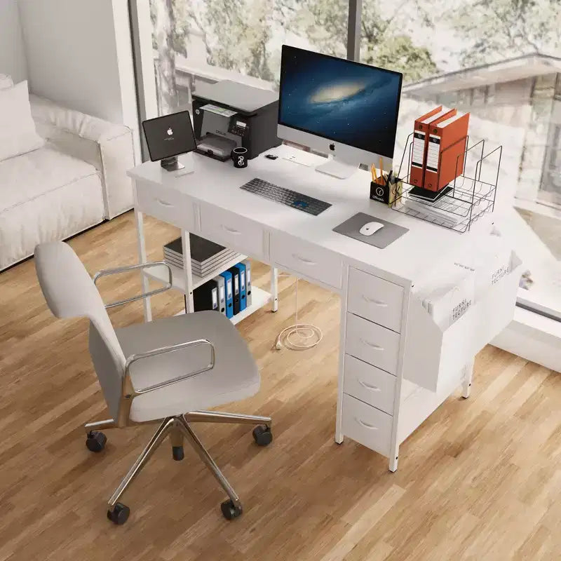 Moderna scrivania per computer da casa con cassetti e mensole, scrivania per studenti e ragazzi con borsa laterale per studio, ufficio, studio