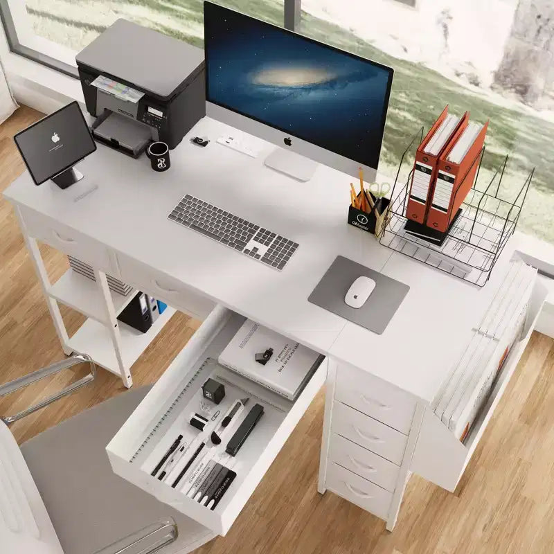 Moderna scrivania per computer da casa con cassetti e mensole, scrivania per studenti e ragazzi con borsa laterale per studio, ufficio, studio