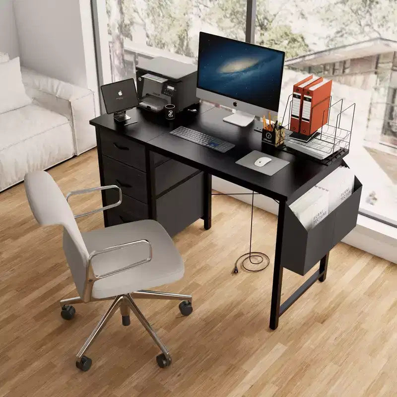 Moderna scrivania per computer da casa con cassetti e mensole, scrivania per studenti e ragazzi con borsa laterale per studio, ufficio, studio
