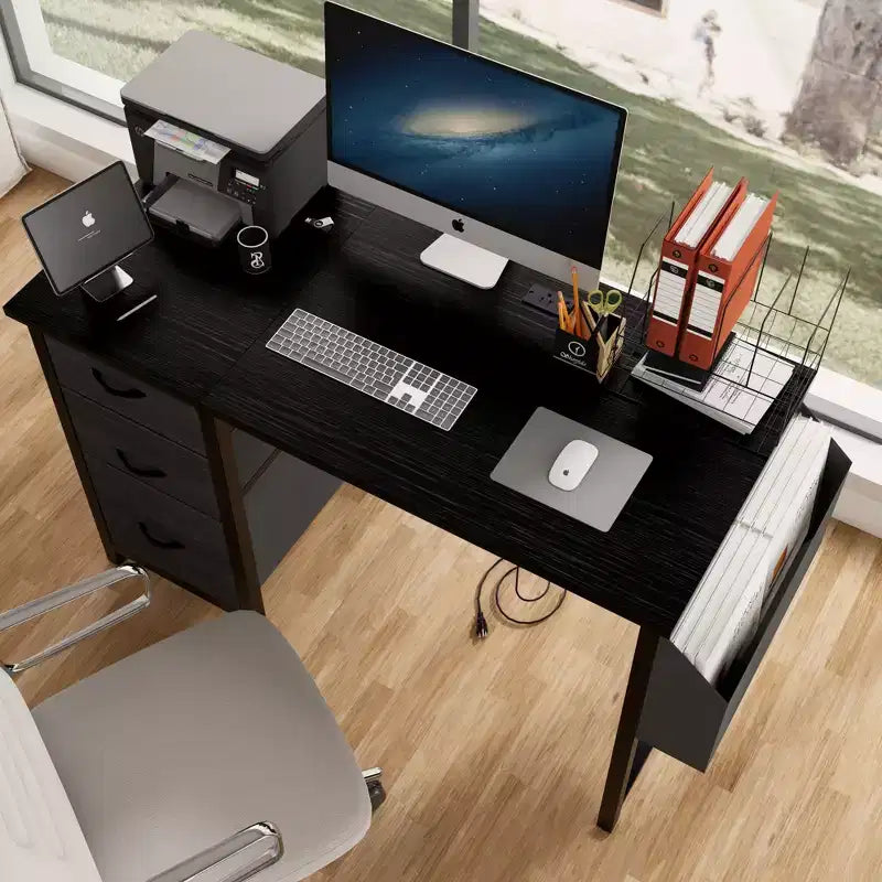 Moderna scrivania per computer da casa con cassetti e mensole, scrivania per studenti e ragazzi con borsa laterale per studio, ufficio, studio