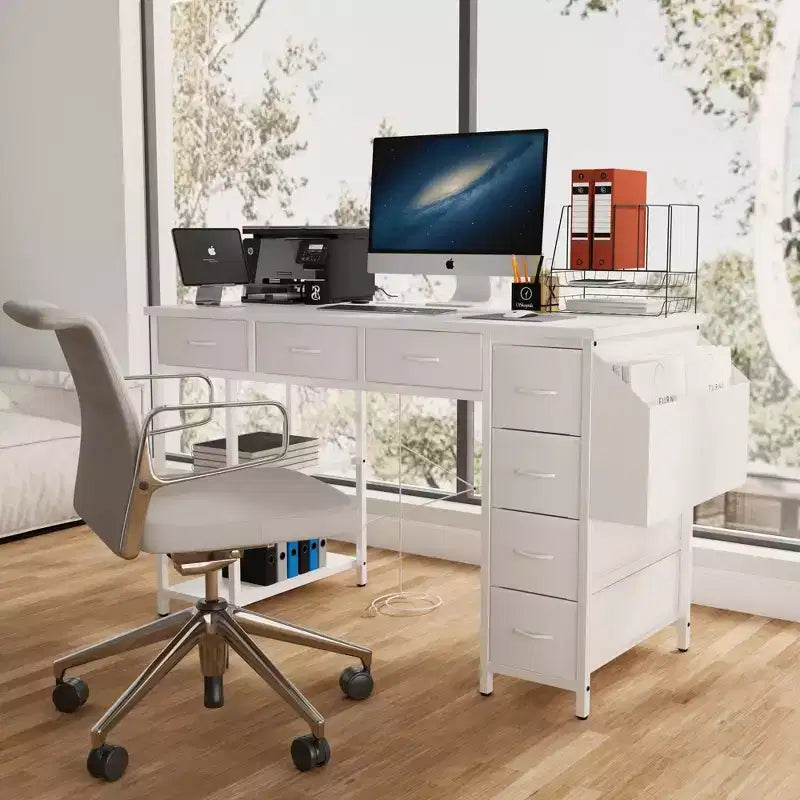 Moderna scrivania per computer da casa con cassetti e mensole, scrivania per studenti e ragazzi con borsa laterale per studio, ufficio, studio