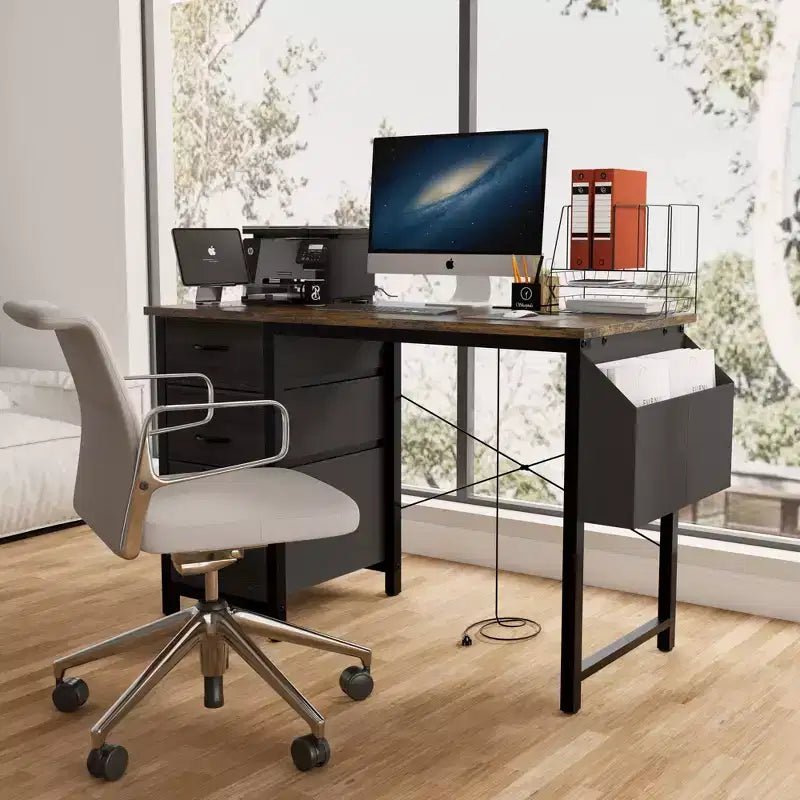 Moderna scrivania per computer da casa con cassetti e mensole, scrivania per studenti e ragazzi con borsa laterale per studio, ufficio, studio