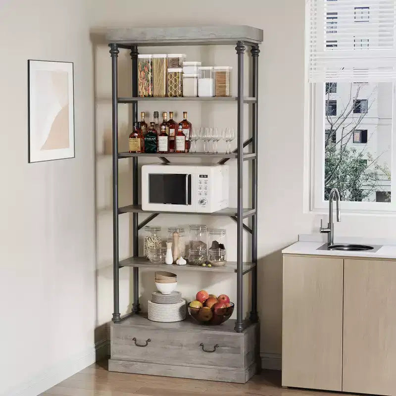 Libreria a 6 ripiani con cassetto portaoggetti, scaffale alto 81 pollici con struttura in metallo, libreria aperta per soggiorno, ufficio, camera da letto, biblioteca di casa