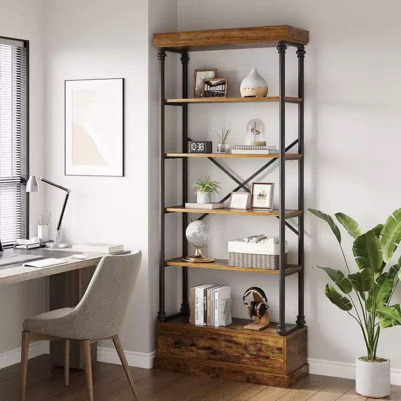 Libreria a 6 ripiani con cassetto portaoggetti, scaffale alto 81 pollici con struttura in metallo, libreria aperta per soggiorno, ufficio, camera da letto, biblioteca di casa