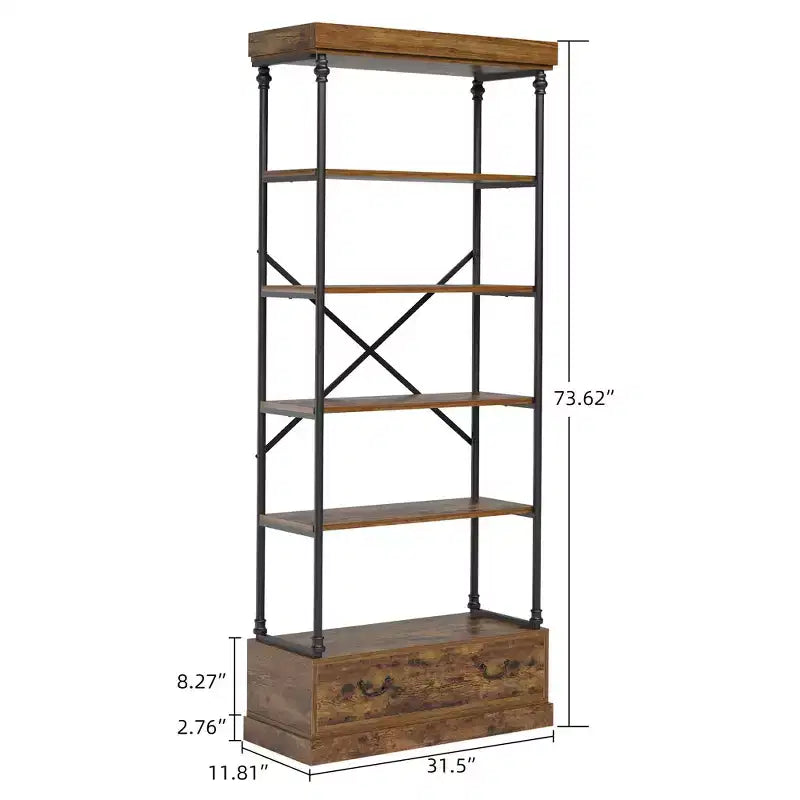 Libreria a 6 ripiani con cassetto portaoggetti, scaffale alto 81 pollici con struttura in metallo, libreria aperta per soggiorno, ufficio, camera da letto, biblioteca di casa