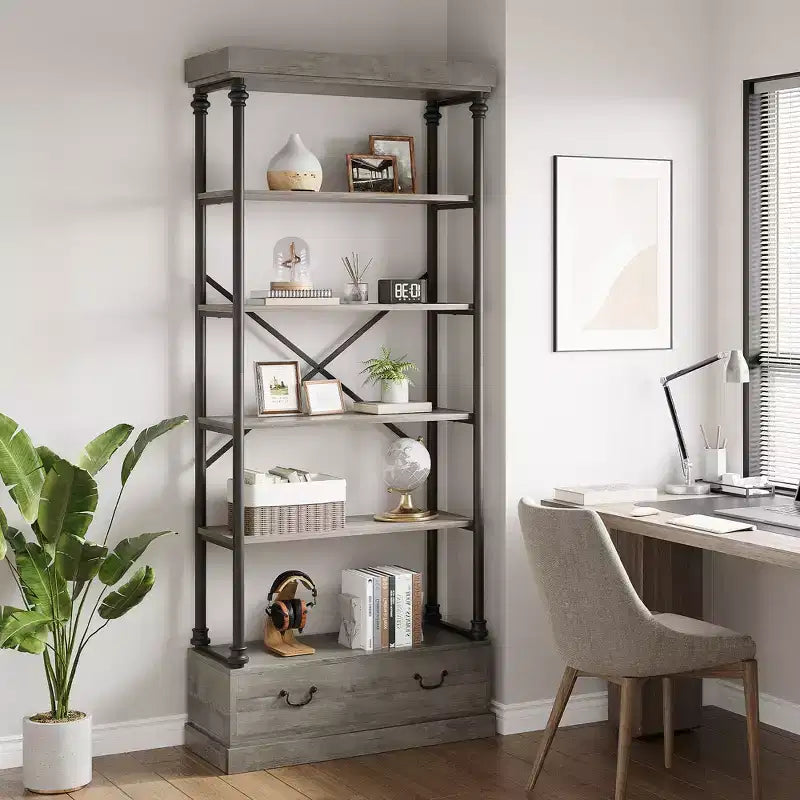 Libreria a 6 ripiani con cassetto portaoggetti, scaffale alto 81 pollici con struttura in metallo, libreria aperta per soggiorno, ufficio, camera da letto, biblioteca di casa