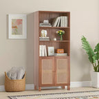 Libreria a 5 Ripiani con Ante in Rattan - Scaffali Espositivi Alti per Ufficio e Camera da Letto (Nero)