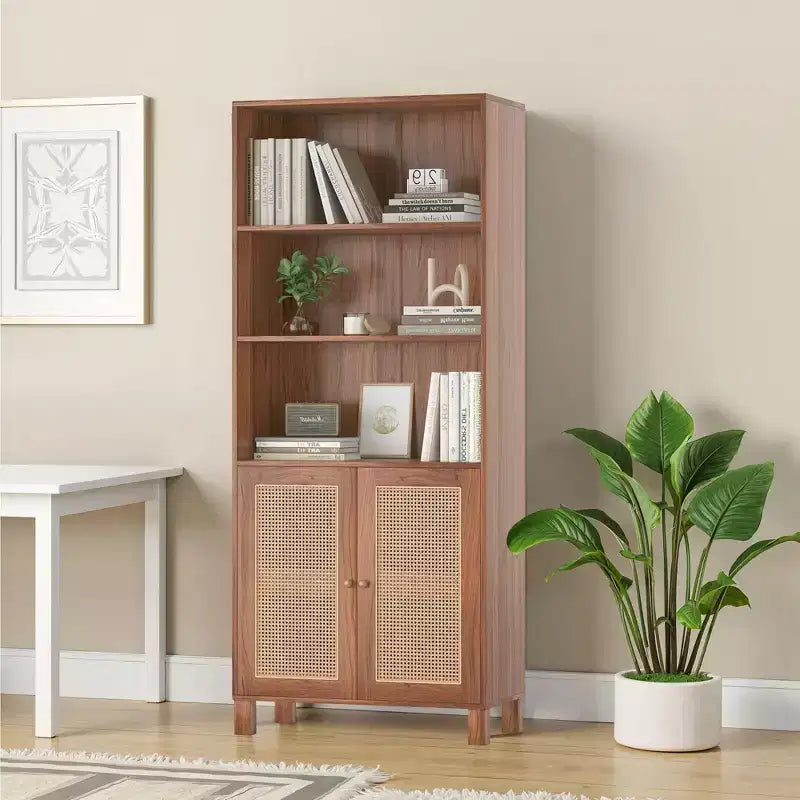 Libreria a 5 Ripiani con Ante in Rattan - Scaffali Espositivi Alti per Ufficio e Camera da Letto (Nero)