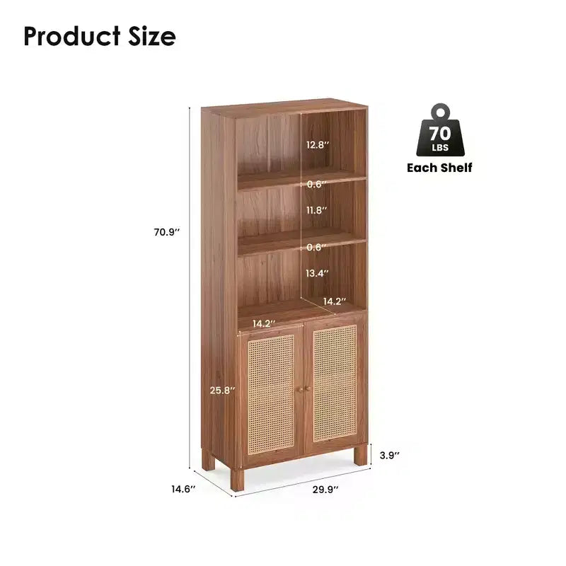 Libreria a 5 Ripiani con Ante in Rattan - Scaffali Espositivi Alti per Ufficio e Camera da Letto (Nero)
