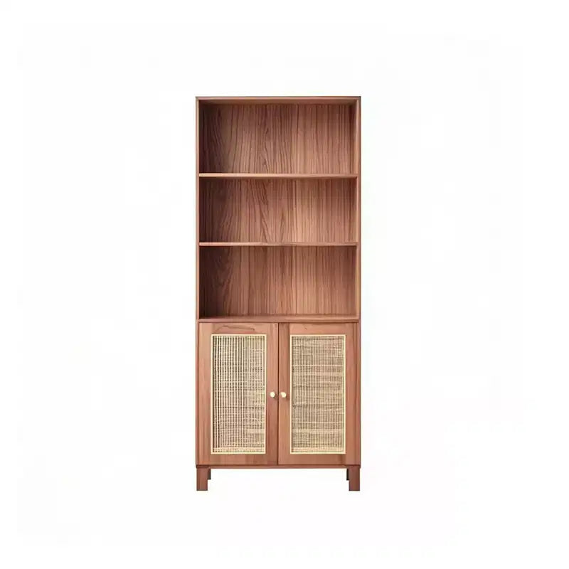 Libreria a 5 Ripiani con Ante in Rattan - Scaffali Espositivi Alti per Ufficio e Camera da Letto (Nero)