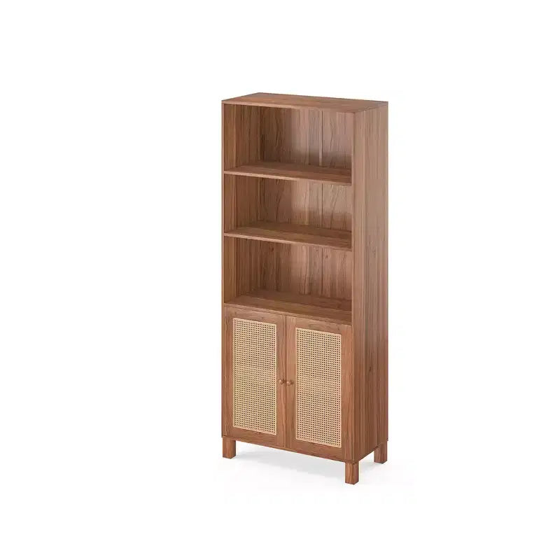 Libreria a 5 Ripiani con Ante in Rattan - Scaffali Espositivi Alti per Ufficio e Camera da Letto (Nero)