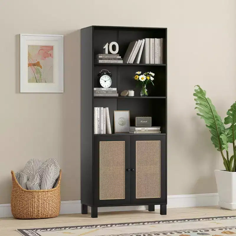 Libreria a 5 Ripiani con Ante in Rattan - Scaffali Espositivi Alti per Ufficio e Camera da Letto (Nero)