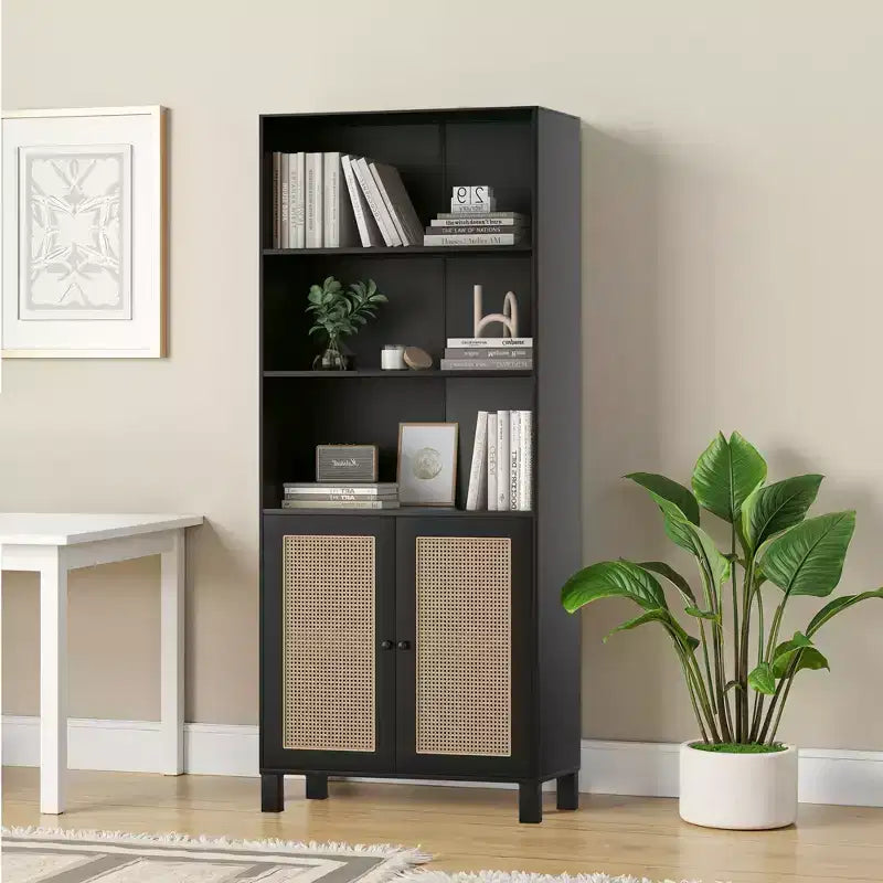 Libreria a 5 Ripiani con Ante in Rattan - Scaffali Espositivi Alti per Ufficio e Camera da Letto (Nero)