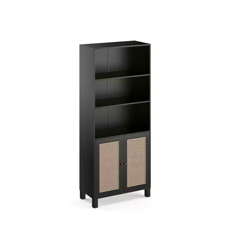 Libreria a 5 Ripiani con Ante in Rattan - Scaffali Espositivi Alti per Ufficio e Camera da Letto (Nero)