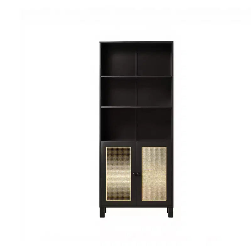 Libreria a 5 Ripiani con Ante in Rattan - Scaffali Espositivi Alti per Ufficio e Camera da Letto (Nero)