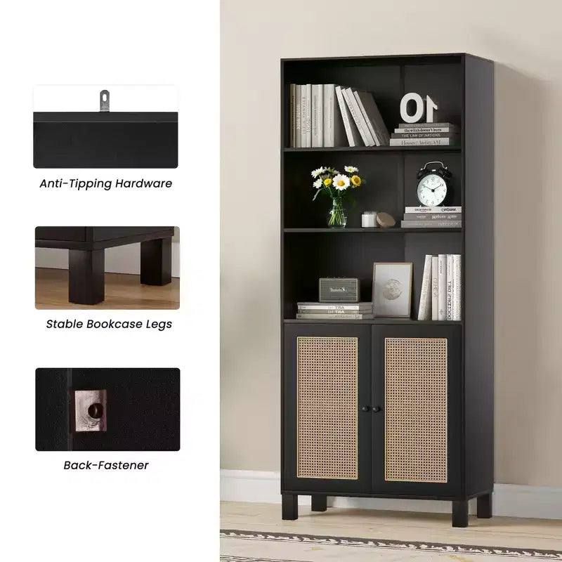 Libreria a 5 Ripiani con Ante in Rattan - Scaffali Espositivi Alti per Ufficio e Camera da Letto (Nero)