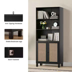 Libreria a 5 Ripiani con Ante in Rattan - Scaffali Espositivi Alti per Ufficio e Camera da Letto (Nero)