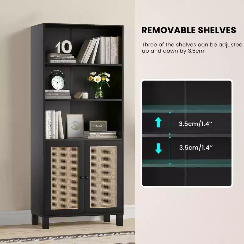 Libreria a 5 Ripiani con Ante in Rattan - Scaffali Espositivi Alti per Ufficio e Camera da Letto (Nero)