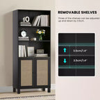 Libreria a 5 Ripiani con Ante in Rattan - Scaffali Espositivi Alti per Ufficio e Camera da Letto (Nero)
