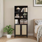 MAYEERTY 5-Shelf Bookcase with Rattan Doors - Tall Display Shelves for Home Office & Bedroom (Black)