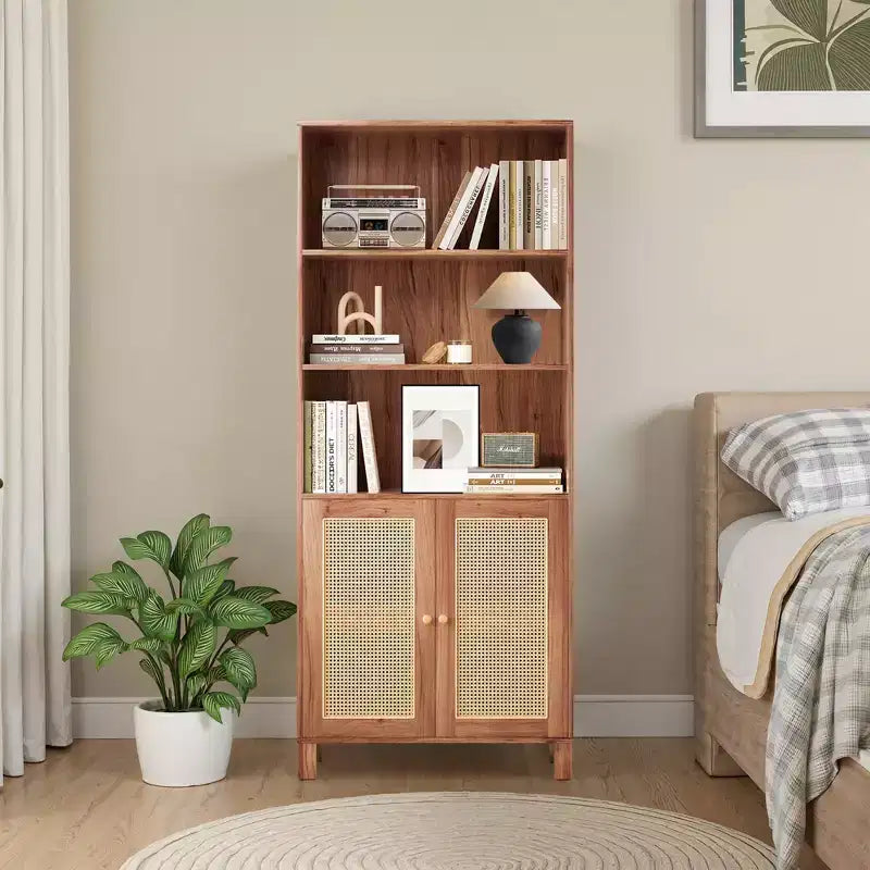 Libreria a 5 Ripiani con Ante in Rattan - Scaffali Espositivi Alti per Ufficio e Camera da Letto (Nero)