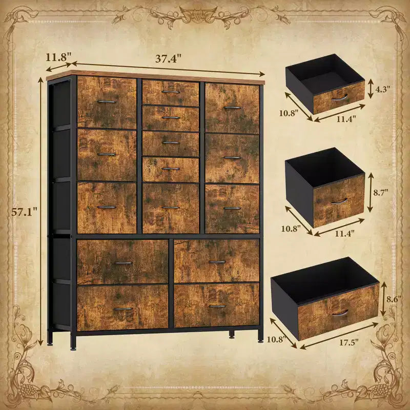 Cassettiera in tessuto alta 122 cm con 15 cassetti e struttura in acciaio e piano in legno, comò robusto per camera da letto, armadio, corridoio, soggiorno