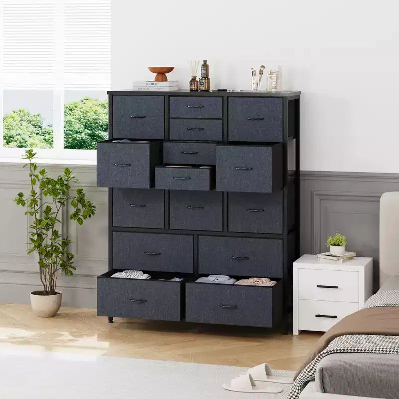 Cassettiera in tessuto alta 122 cm con 15 cassetti e struttura in acciaio e piano in legno, comò robusto per camera da letto, armadio, corridoio, soggiorno