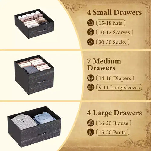 Cassettiera in tessuto alta 122 cm con 15 cassetti e struttura in acciaio e piano in legno, comò robusto per camera da letto, armadio, corridoio, soggiorno