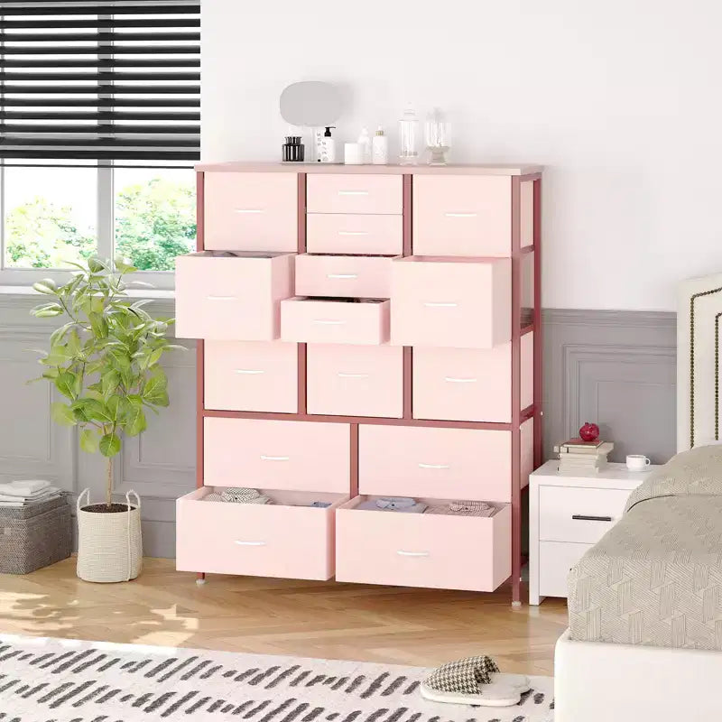 Cassettiera in tessuto alta 122 cm con 15 cassetti e struttura in acciaio e piano in legno, comò robusto per camera da letto, armadio, corridoio, soggiorno