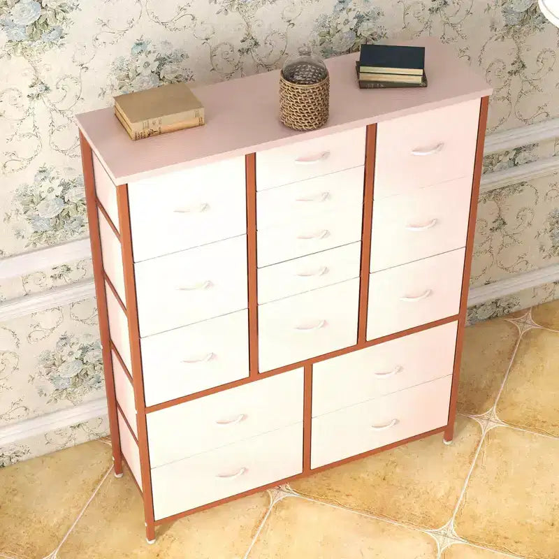Cassettiera in tessuto alta 122 cm con 15 cassetti e struttura in acciaio e piano in legno, comò robusto per camera da letto, armadio, corridoio, soggiorno
