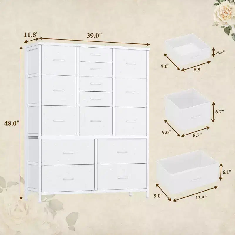 Cassettiera in tessuto alta 122 cm con 15 cassetti e struttura in acciaio e piano in legno, comò robusto per camera da letto, armadio, corridoio, soggiorno