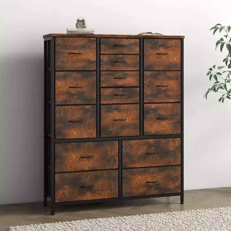 Cassettiera in tessuto alta 122 cm con 15 cassetti e struttura in acciaio e piano in legno, comò robusto per camera da letto, armadio, corridoio, soggiorno