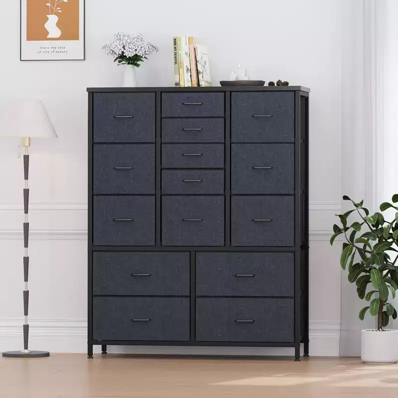 Cassettiera in tessuto alta 122 cm con 15 cassetti e struttura in acciaio e piano in legno, comò robusto per camera da letto, armadio, corridoio, soggiorno