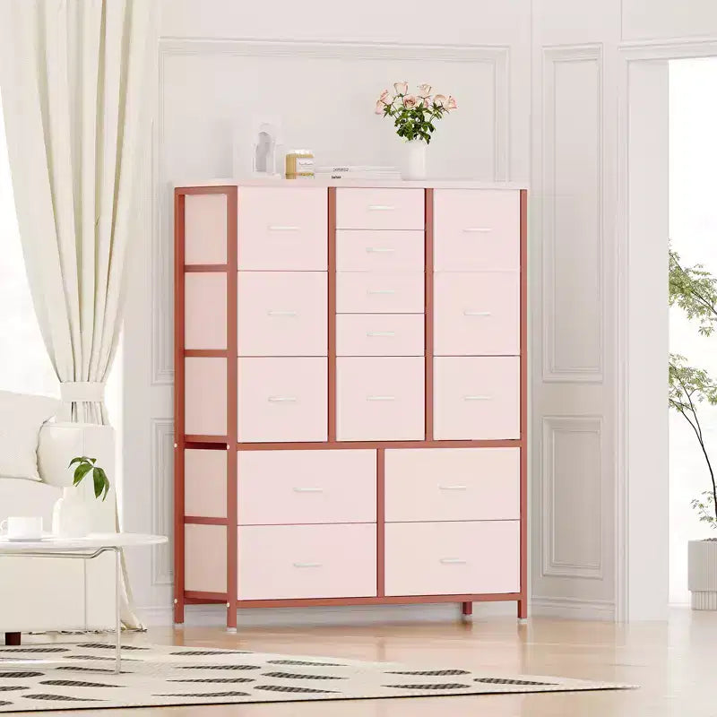 Cassettiera in tessuto alta 122 cm con 15 cassetti e struttura in acciaio e piano in legno, comò robusto per camera da letto, armadio, corridoio, soggiorno
