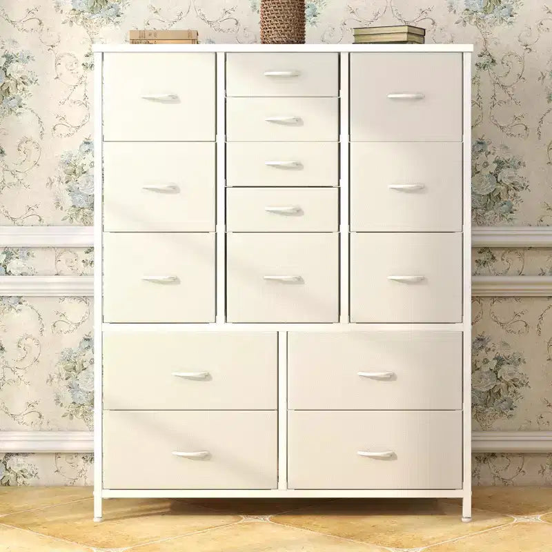 Cassettiera in tessuto alta 122 cm con 15 cassetti e struttura in acciaio e piano in legno, comò robusto per camera da letto, armadio, corridoio, soggiorno