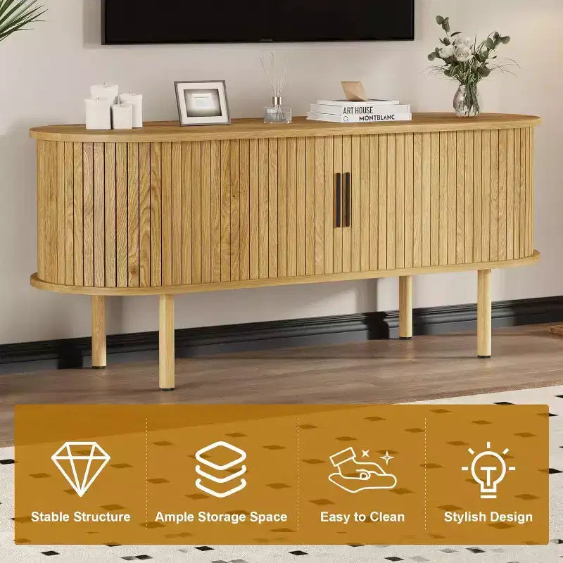 Mobile TV moderno con ante scorrevoli, credenza multimediale in legno con ripiani regolabili per soggiorno