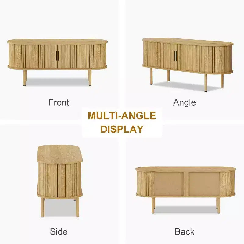 Mobile TV moderno con ante scorrevoli, credenza multimediale in legno con ripiani regolabili per soggiorno