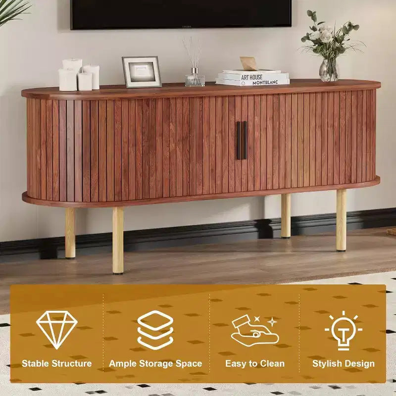 Mobile TV moderno con ante scorrevoli, credenza multimediale in legno con ripiani regolabili per soggiorno