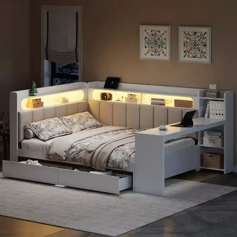 Divano Letto Matrimoniale con Ripiani, Stazione di Ricarica, Luce LED, Scrivania e Testiera e Schienale Imbottiti