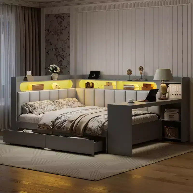 Divano Letto Matrimoniale con Ripiani, Stazione di Ricarica, Luce LED, Scrivania e Testiera e Schienale Imbottiti