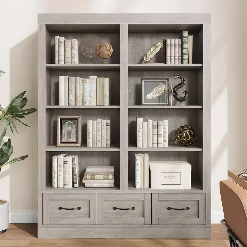 Libreria alta 162 cm in legno con 3 cassetti e 4 ripiani aperti, grande scaffale per biblioteca, ufficio e soggiorno