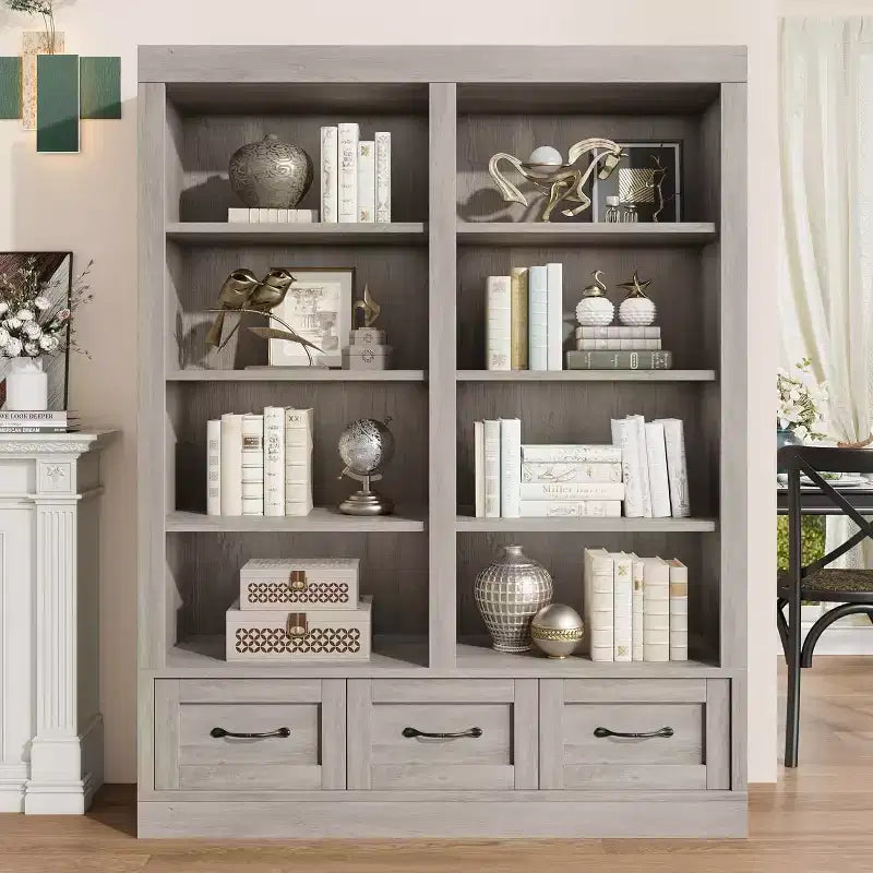 Libreria alta 162 cm in legno con 3 cassetti e 4 ripiani aperti, grande scaffale per biblioteca, ufficio e soggiorno