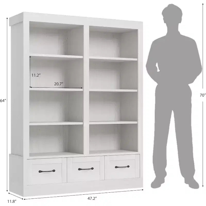 Libreria alta 162 cm in legno con 3 cassetti e 4 ripiani aperti, grande scaffale per biblioteca, ufficio e soggiorno