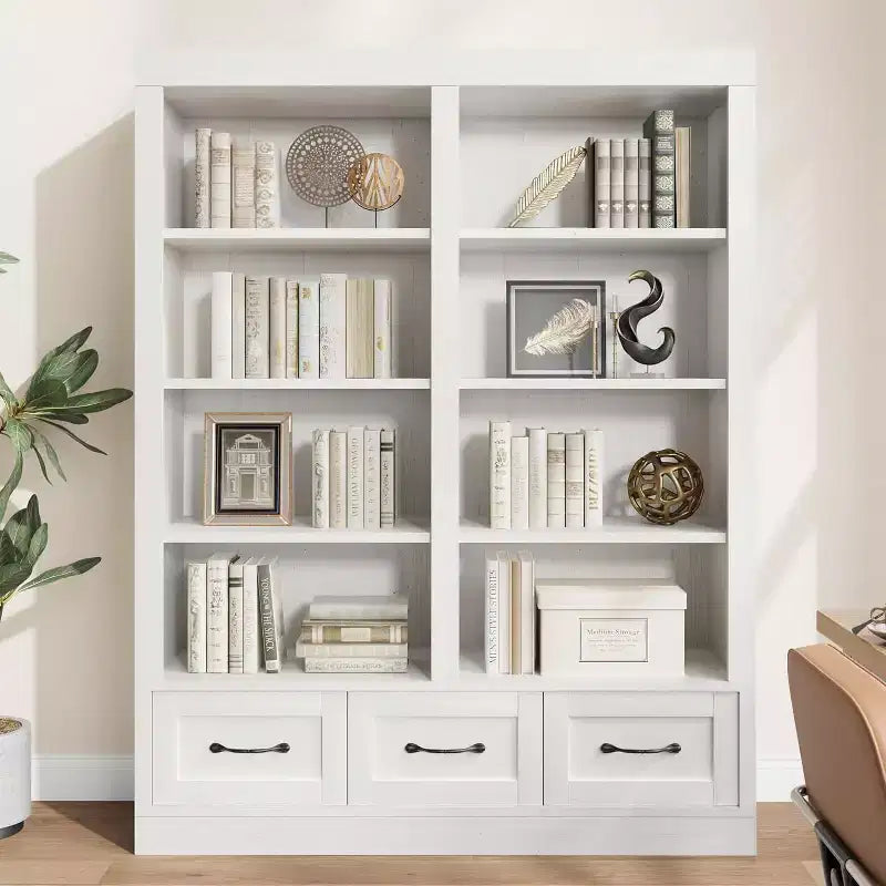 Libreria alta 162 cm in legno con 3 cassetti e 4 ripiani aperti, grande scaffale per biblioteca, ufficio e soggiorno