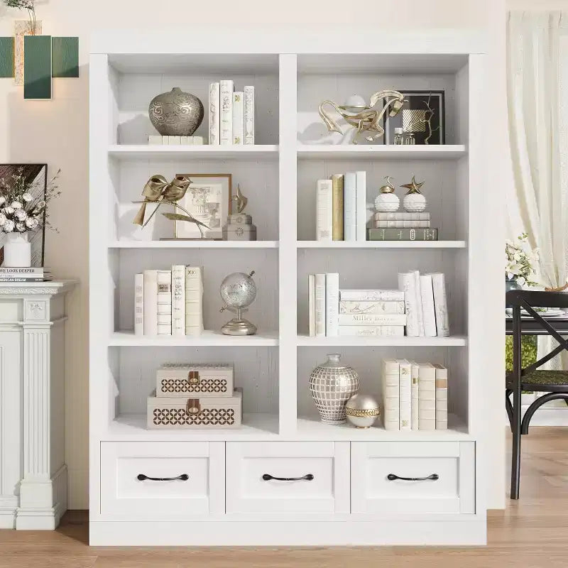 Libreria alta 162 cm in legno con 3 cassetti e 4 ripiani aperti, grande scaffale per biblioteca, ufficio e soggiorno